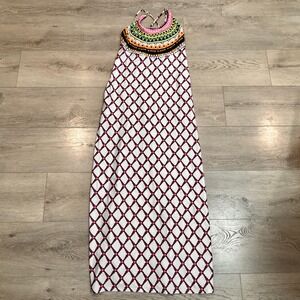 Trina Turk White Maxi Dress with Red Lattice and Multicolor Embroidered Neck